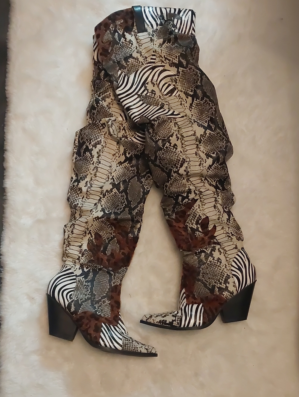 Mixed Animal Print Over-the-Knee Boots - Brown/Black/White